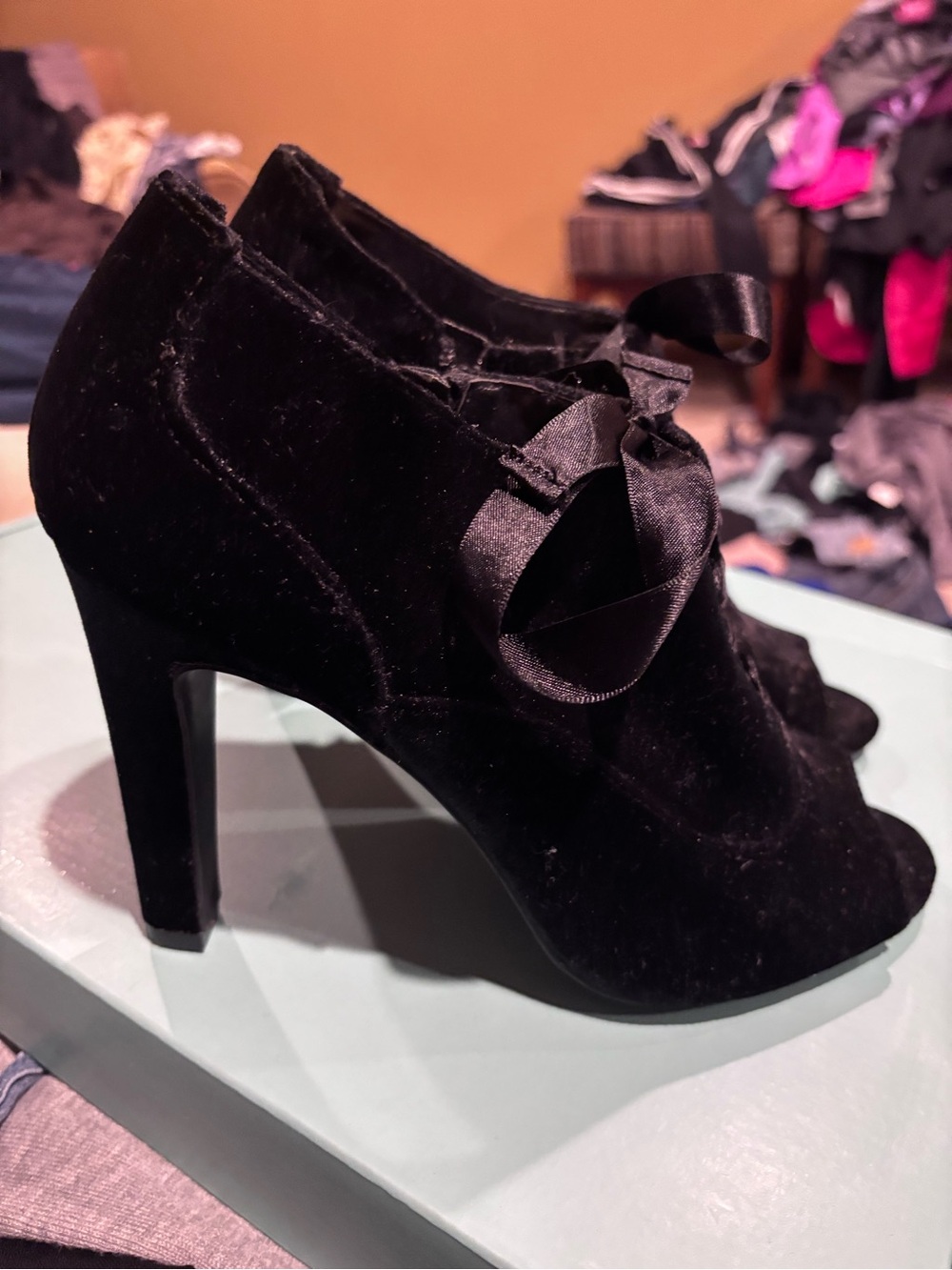 Black Velvet Peep-Toe Ankle Booties with Satin Shoe Strings. So Cute!